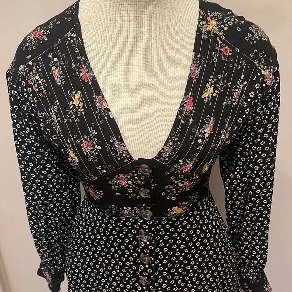 Free People - Wonderland Printed A-Line Mini Dress - Size XS - Black Floral - Picture 3 of 8